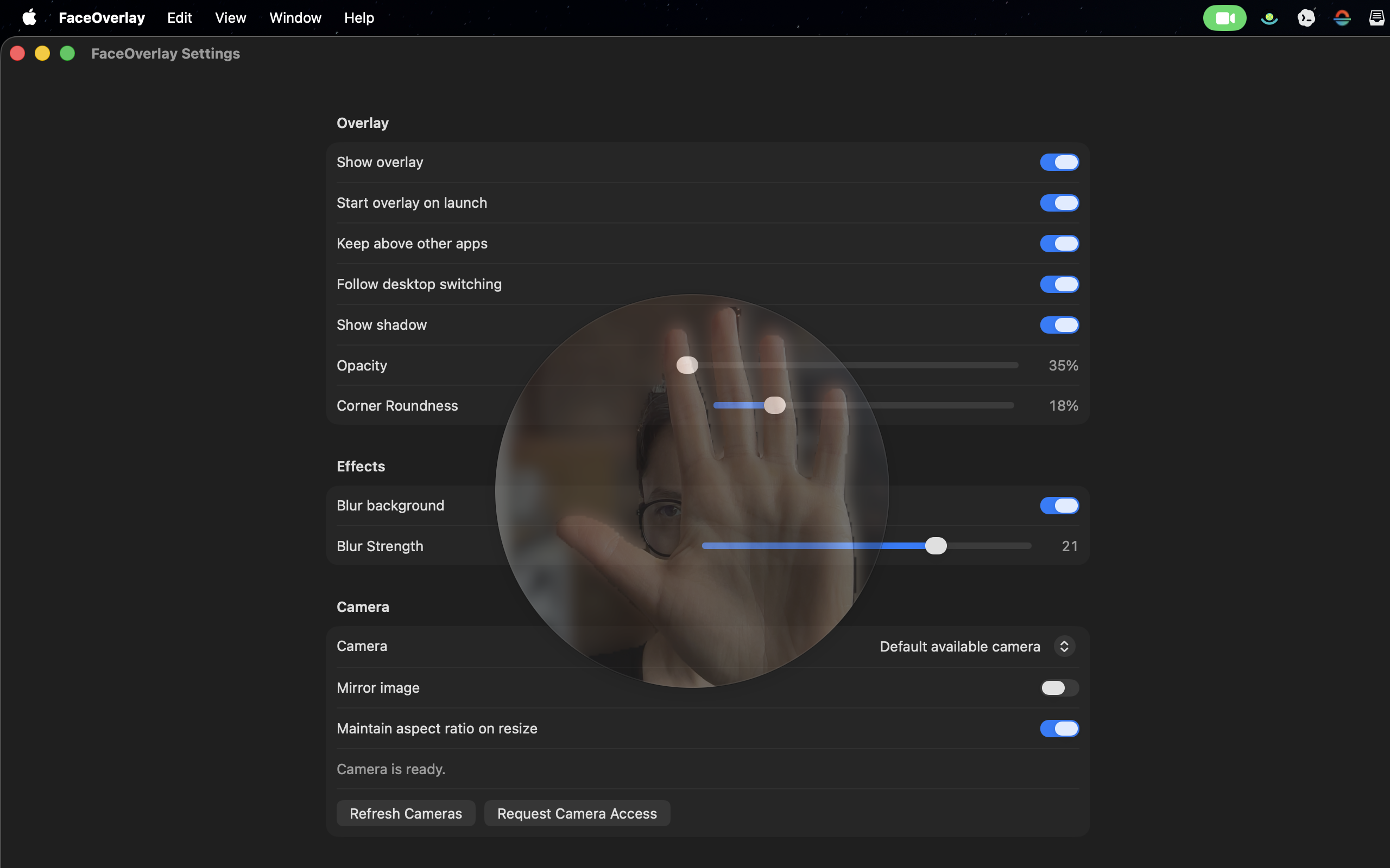 FaceOverlay overlay window pinned over a macOS desktop