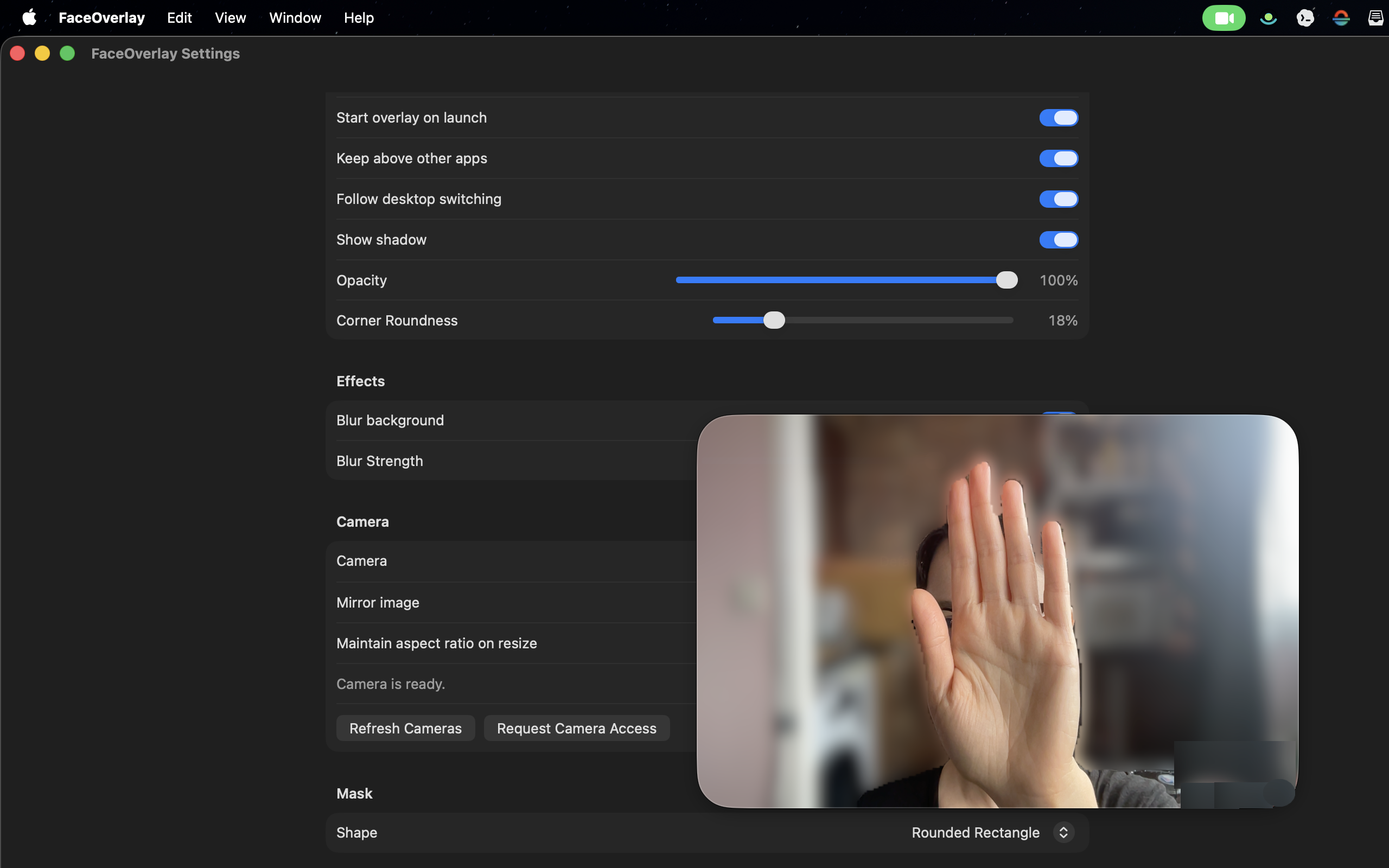 FaceOverlay webcam overlay used during screen sharing on macOS